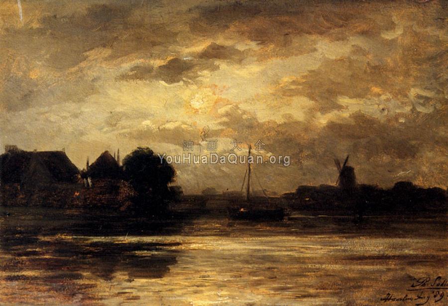 View Of The Spaarne Haarlem By Moonlight - 菲利普·Lodowyck·雅各布·萨德
